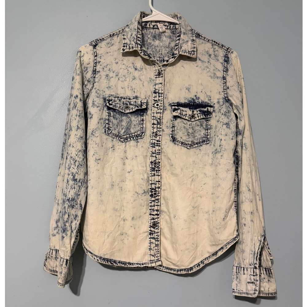 Ali & Kris Women's S Acid Wash Denim Shirt Blue Long Sleeve Button Down
